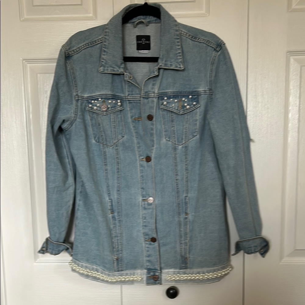 Denim Jacket with Pearl Accents